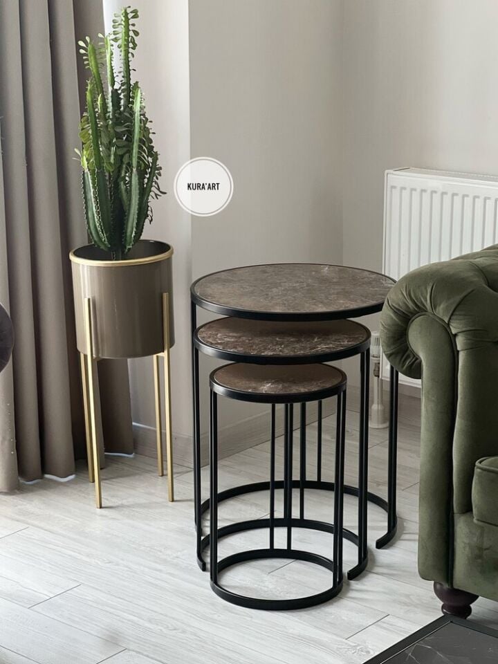 3'lü Seramik Charm Sehpa (Siyah/ Kahve)