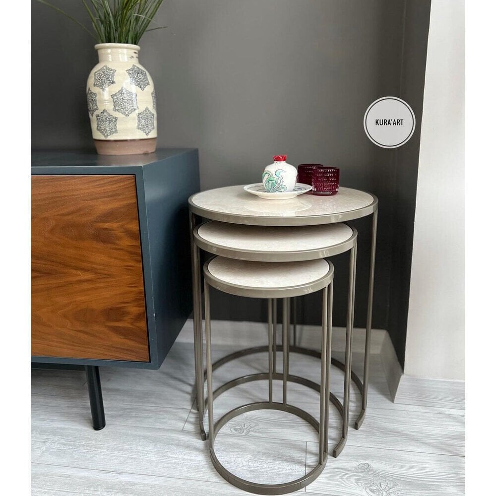 3’lü Seramik Krem Rengi /Parlak Vizon Charm Sehpa