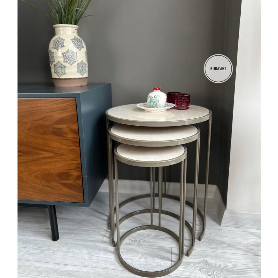 3’lü Seramik Krem Rengi /Parlak Vizon Charm Sehpa