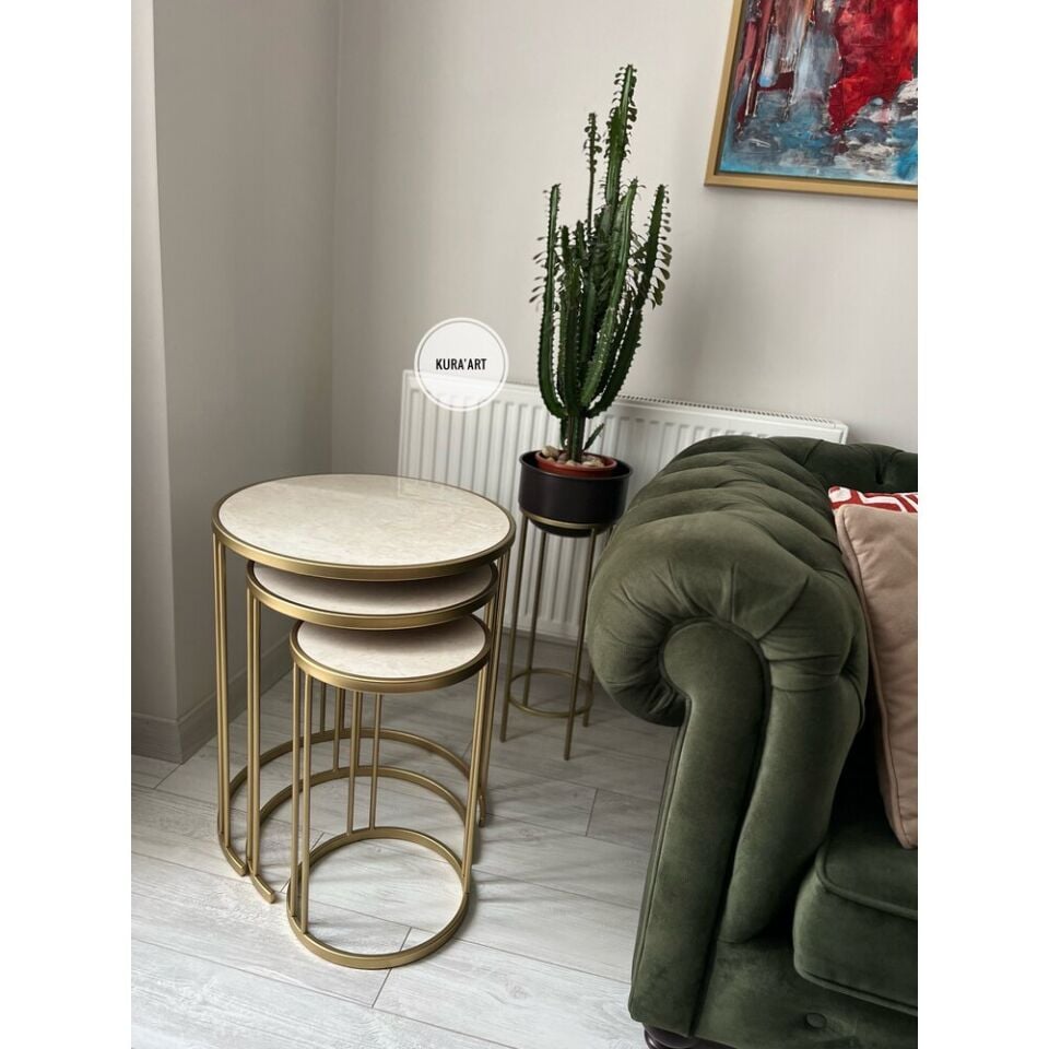 3’lü Seramik Krem Rengi / Pirinç Eskitme Charm Sehpa