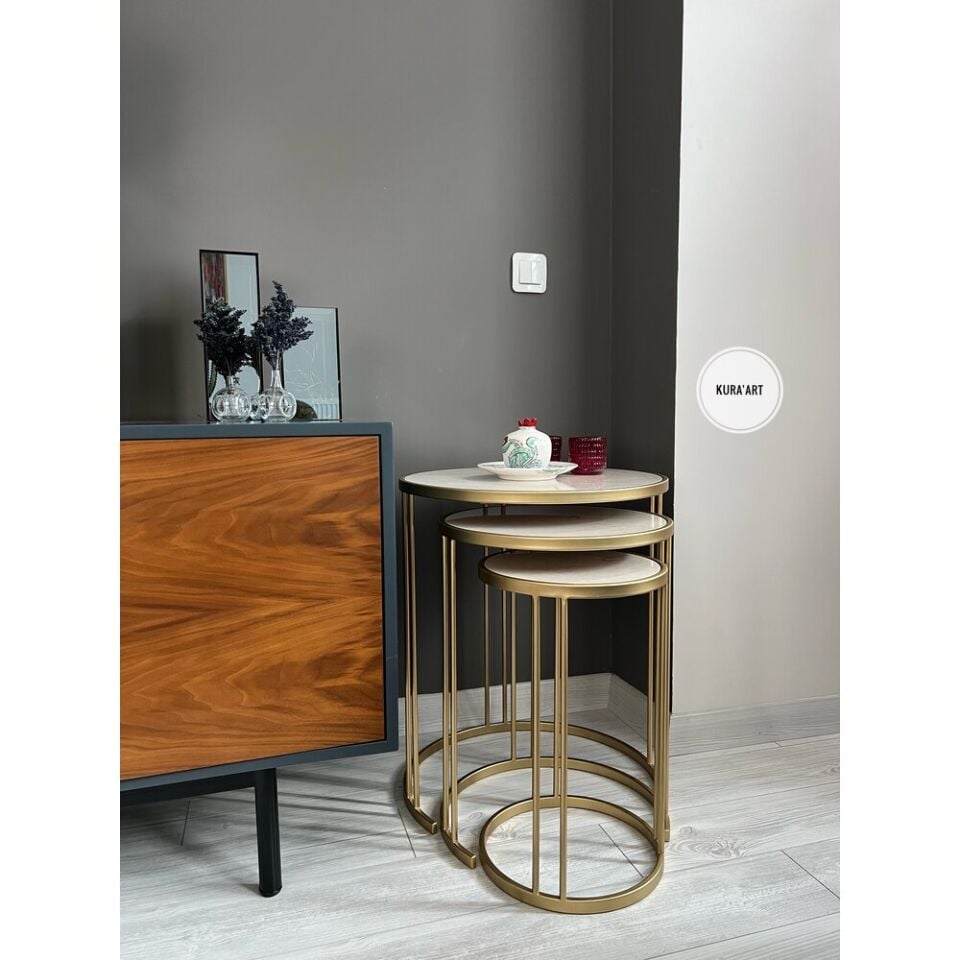 3’lü Seramik Krem Rengi / Pirinç Eskitme Charm Sehpa