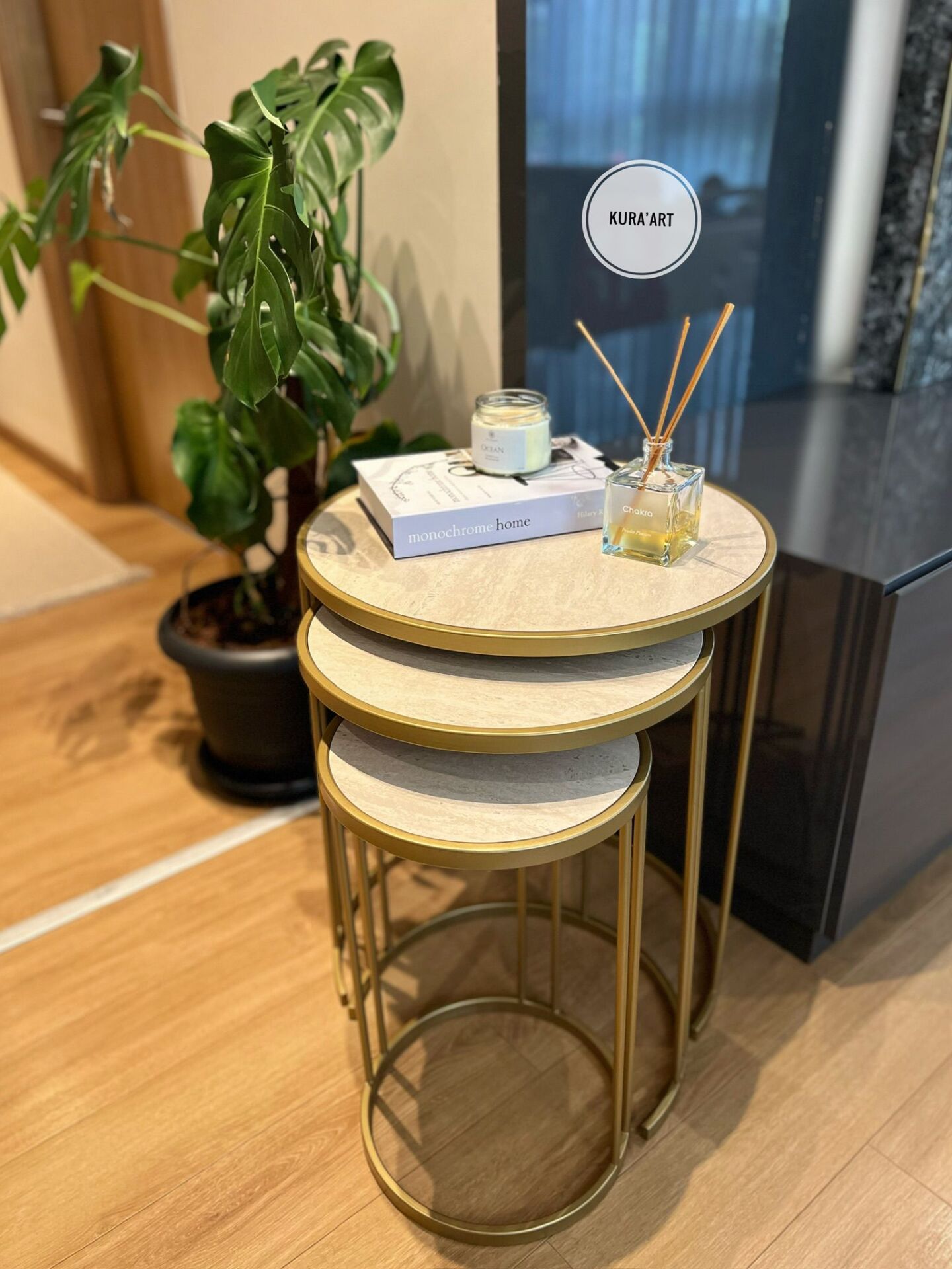 3'lü Seramik Charm Sehpa(Traverten Görünümlü)