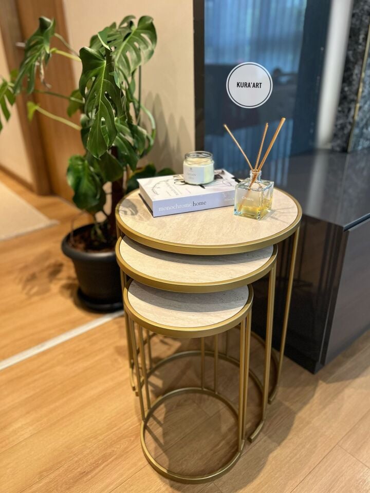 3'lü Seramik Charm Sehpa(Traverten Görünümlü)