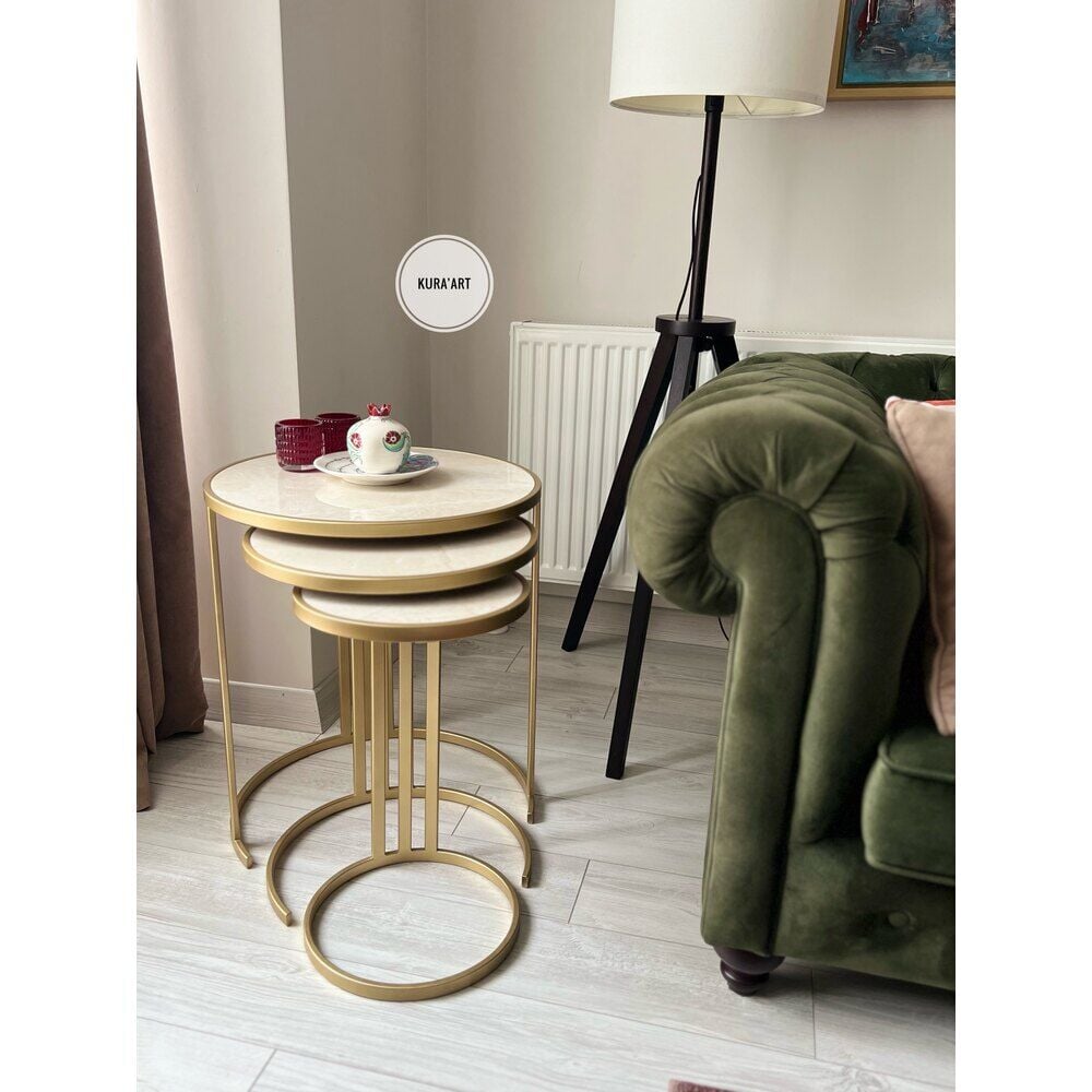 3’lü Seramik Urban Sehpa (krem rengi/pirinç eskitme)