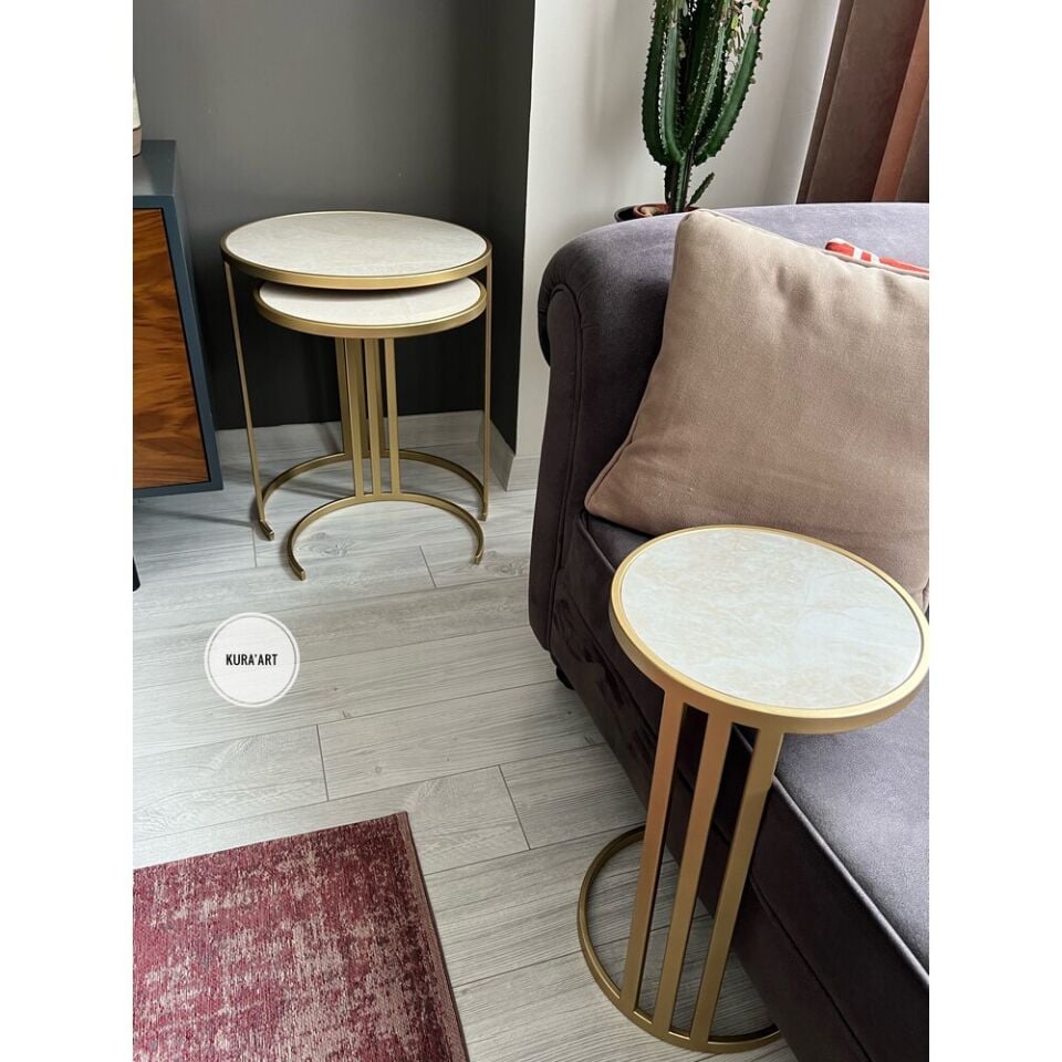 3’lü Seramik Urban Sehpa (krem rengi/pirinç eskitme)