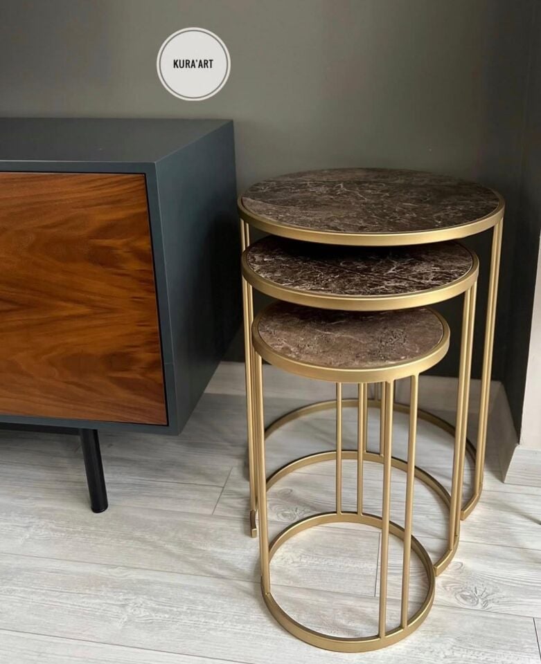 3'lü Seramik Charm Sehpa (Kahve/Pirinç Eskitme)