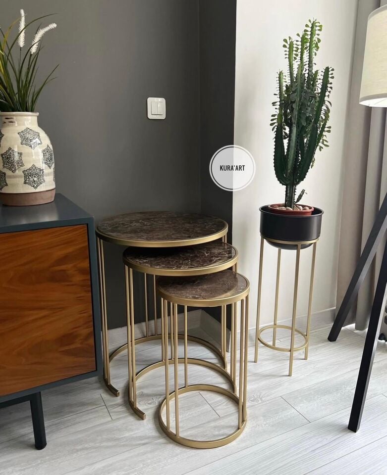 3'lü Seramik Charm Sehpa (Kahve/Pirinç Eskitme)