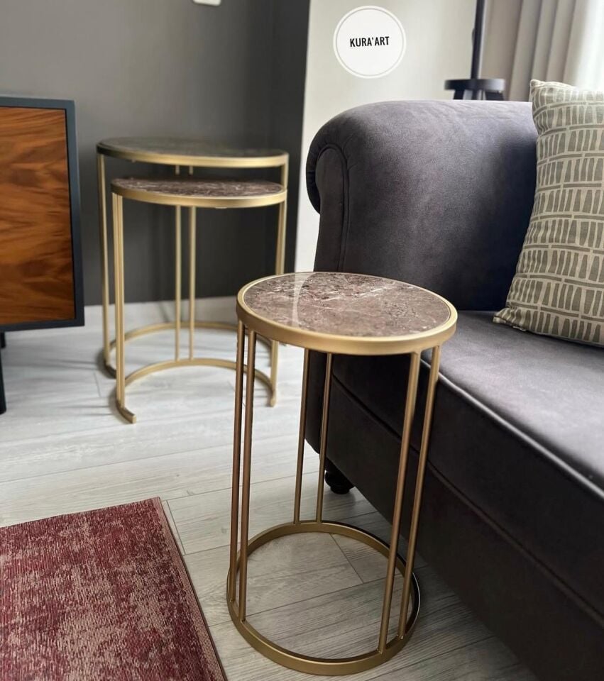 3'lü Seramik Charm Sehpa (Kahve/Pirinç Eskitme)