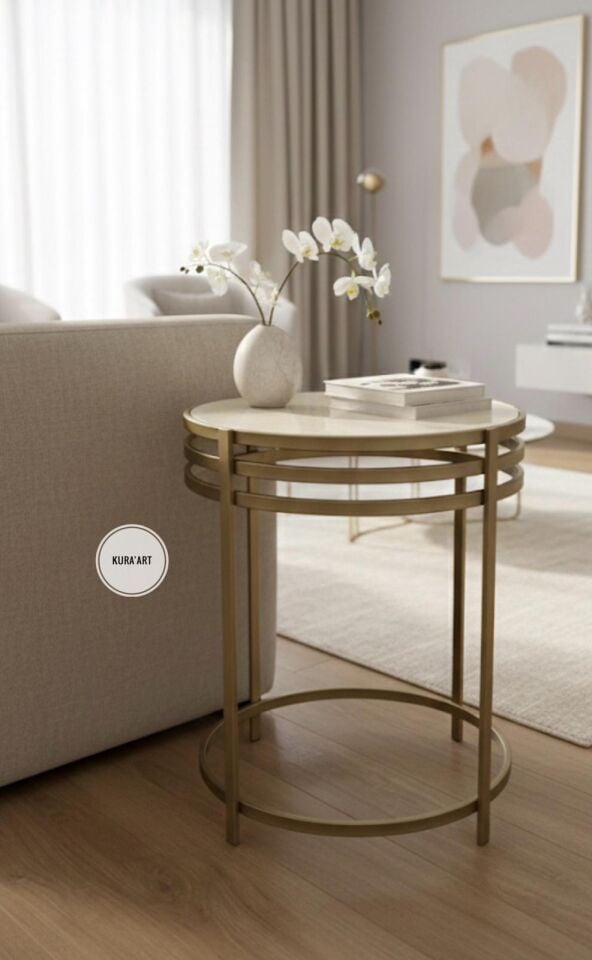 Seramik Balance Yan Sehpa (Krem Rengi/Pirinç Eskitme)